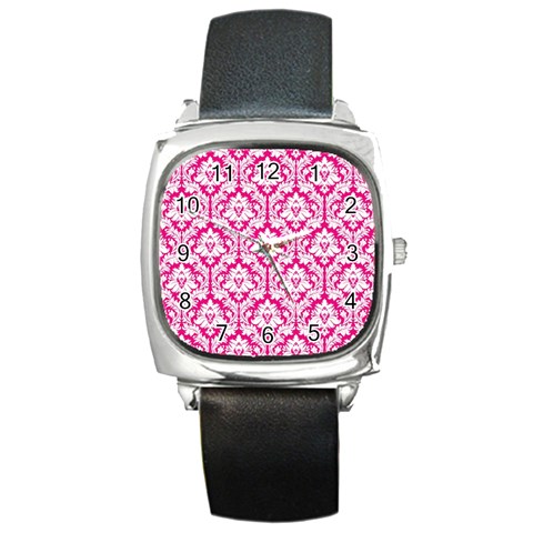 White On Hot Pink Damask Square Leather Watch from ArtsNow.com Front