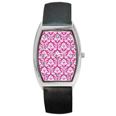 White On Hot Pink Damask Tonneau Leather Watch from ArtsNow.com Front