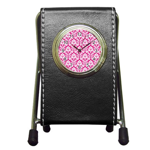 White On Hot Pink Damask Stationery Holder Clock from ArtsNow.com Front