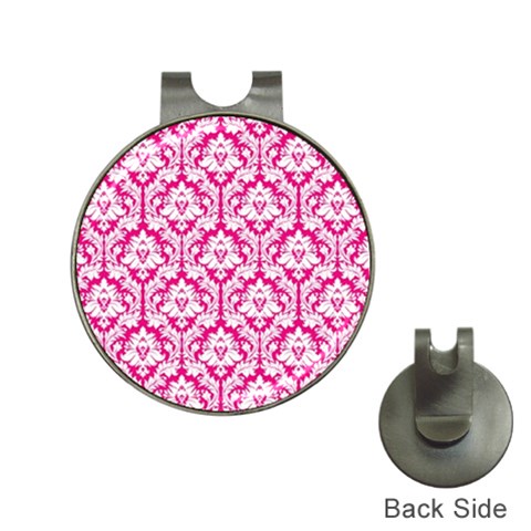 White On Hot Pink Damask Hat Clip with Golf Ball Marker from ArtsNow.com Front