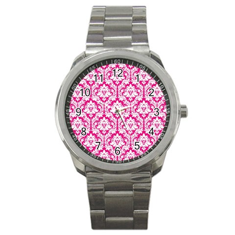 White On Hot Pink Damask Sport Metal Watch from ArtsNow.com Front