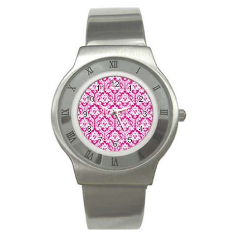 White On Hot Pink Damask Stainless Steel Watch (Slim) from ArtsNow.com Front