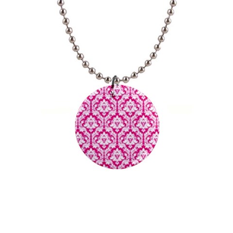 White On Hot Pink Damask Button Necklace from ArtsNow.com Front