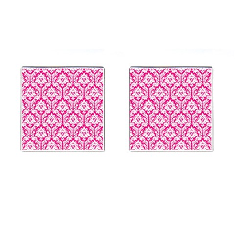 White On Hot Pink Damask Cufflinks (Square) from ArtsNow.com Front(Pair)