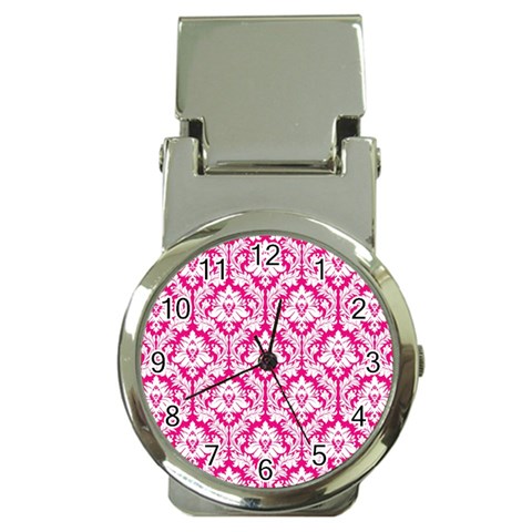 White On Hot Pink Damask Money Clip with Watch from ArtsNow.com Front