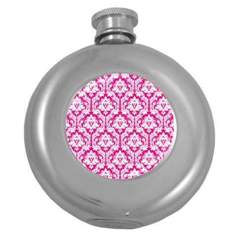 White On Hot Pink Damask Hip Flask (Round) from ArtsNow.com Front