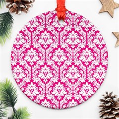 White On Hot Pink Damask Round Ornament (Two Sides) from ArtsNow.com Front