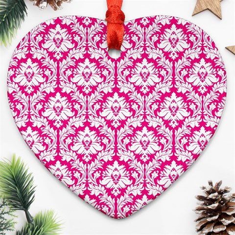 White On Hot Pink Damask Heart Ornament (Two Sides) from ArtsNow.com Front