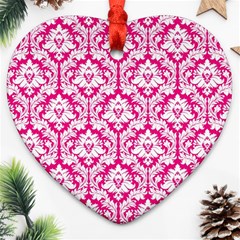 White On Hot Pink Damask Heart Ornament (Two Sides) from ArtsNow.com Front