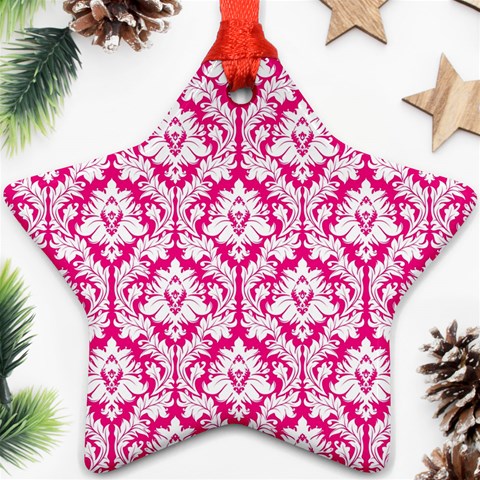 White On Hot Pink Damask Star Ornament (Two Sides) from ArtsNow.com Back