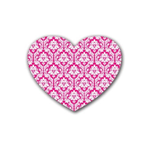 White On Hot Pink Damask Drink Coasters (Heart) from ArtsNow.com Front