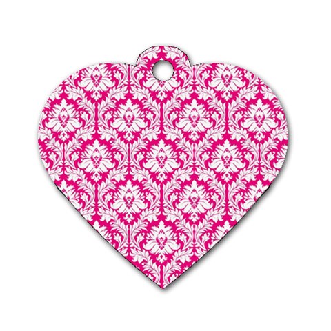 White On Hot Pink Damask Dog Tag Heart (One Sided)  from ArtsNow.com Front