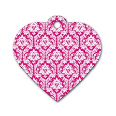 White On Hot Pink Damask Dog Tag Heart (Two Sided) from ArtsNow.com Front