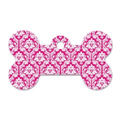 White On Hot Pink Damask Dog Tag Bone (Two Sided) from ArtsNow.com Front