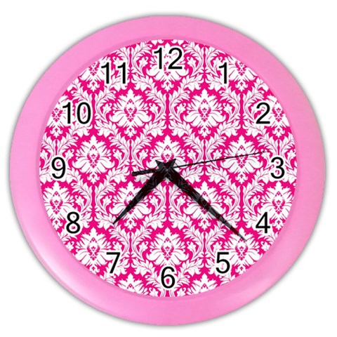 White On Hot Pink Damask Wall Clock (Color) from ArtsNow.com Front