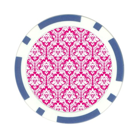 White On Hot Pink Damask Poker Chip from ArtsNow.com Front