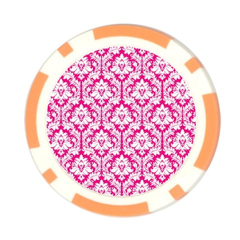 White On Hot Pink Damask Poker Chip from ArtsNow.com Front