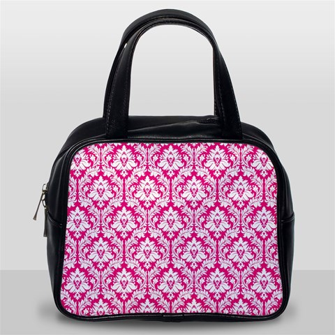 White On Hot Pink Damask Classic Handbag (One Side) from ArtsNow.com Front