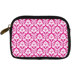 White On Hot Pink Damask Digital Camera Leather Case from ArtsNow.com Front