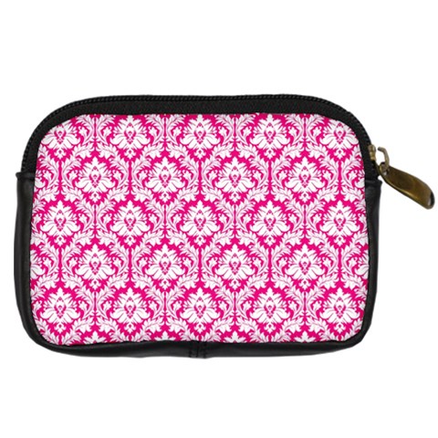 White On Hot Pink Damask Digital Camera Leather Case from ArtsNow.com Back