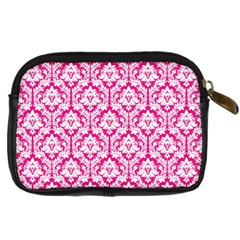 White On Hot Pink Damask Digital Camera Leather Case from ArtsNow.com Back