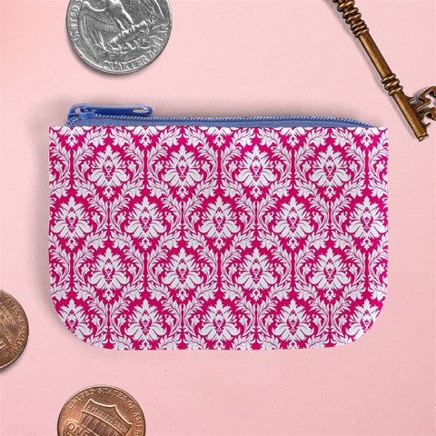 Hot Pink Damask Pattern Mini Coin Purse from ArtsNow.com Front