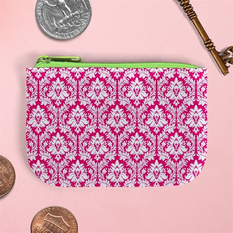 Hot Pink Damask Pattern Mini Coin Purse from ArtsNow.com Front