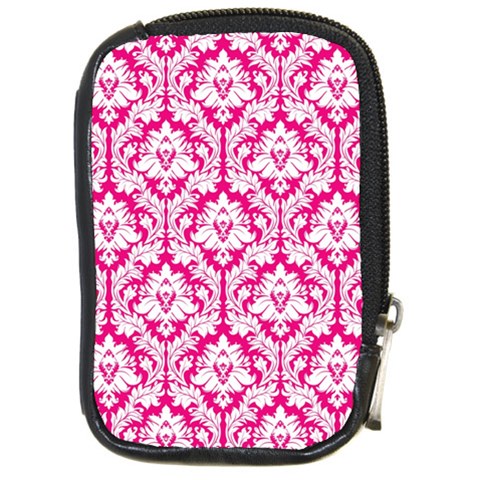 White On Hot Pink Damask Compact Camera Leather Case from ArtsNow.com Front