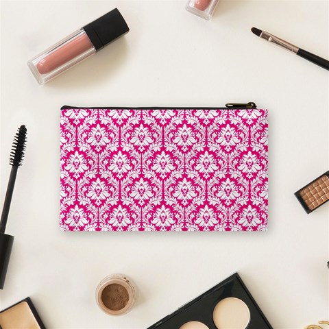 Hot Pink Damask Pattern Cosmetic Bag (Small) from ArtsNow.com Back