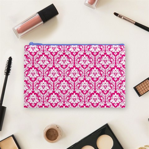 Hot Pink Damask Pattern Cosmetic Bag (Medium) from ArtsNow.com Front