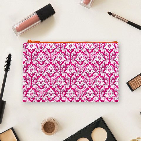 Hot Pink Damask Pattern Cosmetic Bag (Medium) from ArtsNow.com Front