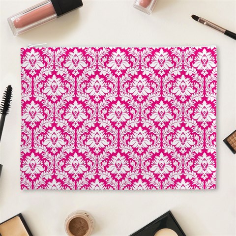 Hot Pink Damask Pattern Cosmetic Bag (XL) from ArtsNow.com Front