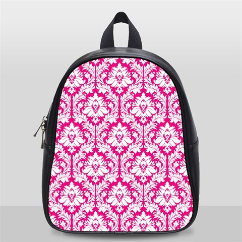 White On Hot Pink Damask School Bag (Small) from ArtsNow.com Front