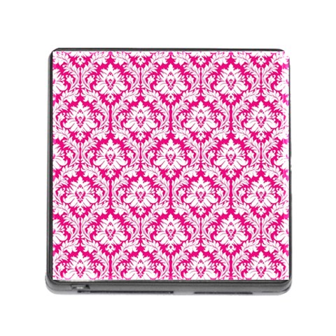 White On Hot Pink Damask Memory Card Reader with Storage (Square) from ArtsNow.com Front