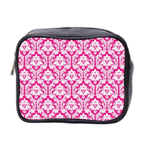 Hot Pink Damask Pattern Mini Toiletries Bag (Two Sides) from ArtsNow.com Front