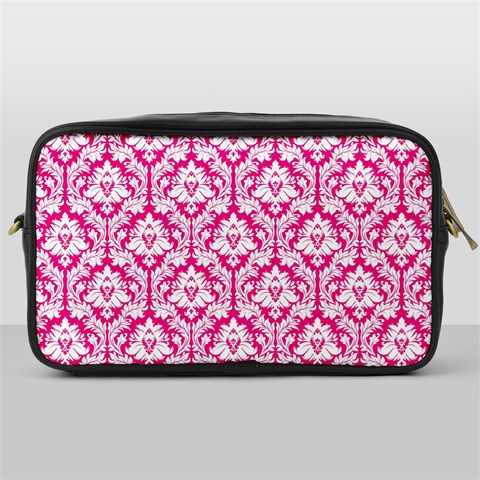 White On Hot Pink Damask Travel Toiletry Bag (One Side) from ArtsNow.com Front