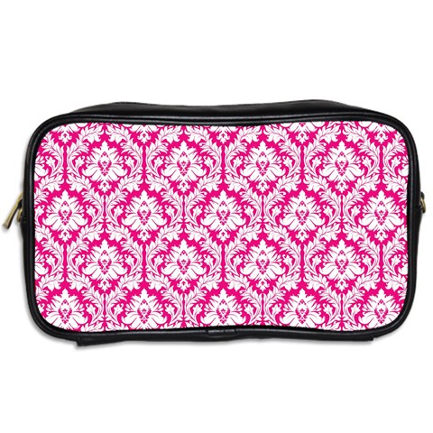 Hot Pink Damask Pattern Toiletries Bag (Two Sides) from ArtsNow.com Back