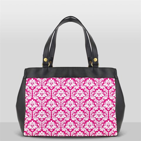 White On Hot Pink Damask Oversize Office Handbag (One Side) from ArtsNow.com Front