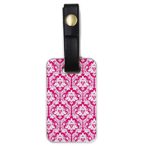 White On Hot Pink Damask Luggage Tag (One Side) from ArtsNow.com Front