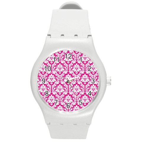 White On Hot Pink Damask Plastic Sport Watch (Medium) from ArtsNow.com Front