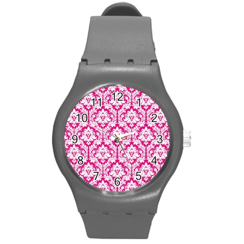 White On Hot Pink Damask Plastic Sport Watch (Medium) from ArtsNow.com Front