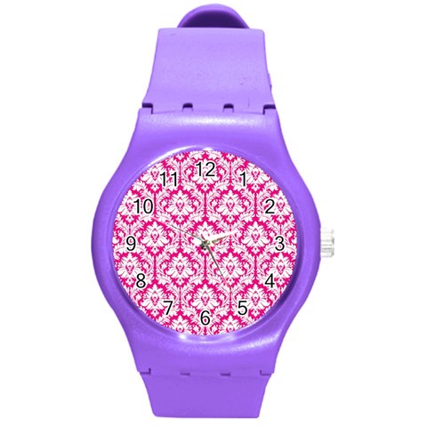 White On Hot Pink Damask Plastic Sport Watch (Medium) from ArtsNow.com Front