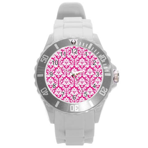 White On Hot Pink Damask Plastic Sport Watch (Large) from ArtsNow.com Front