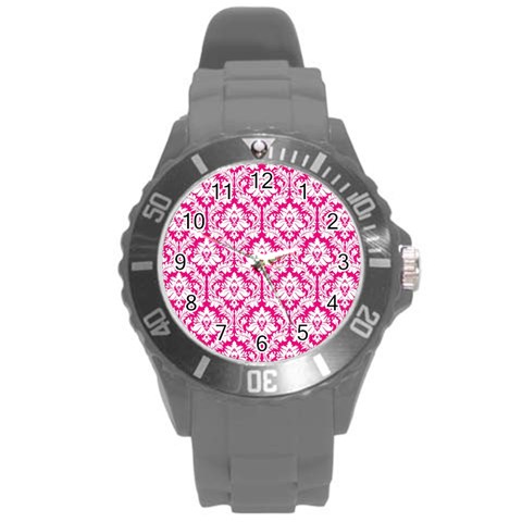 White On Hot Pink Damask Plastic Sport Watch (Large) from ArtsNow.com Front