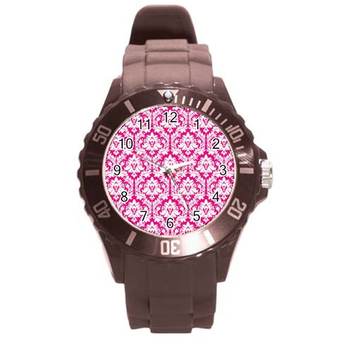 White On Hot Pink Damask Plastic Sport Watch (Large) from ArtsNow.com Front