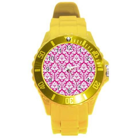 White On Hot Pink Damask Plastic Sport Watch (Large) from ArtsNow.com Front