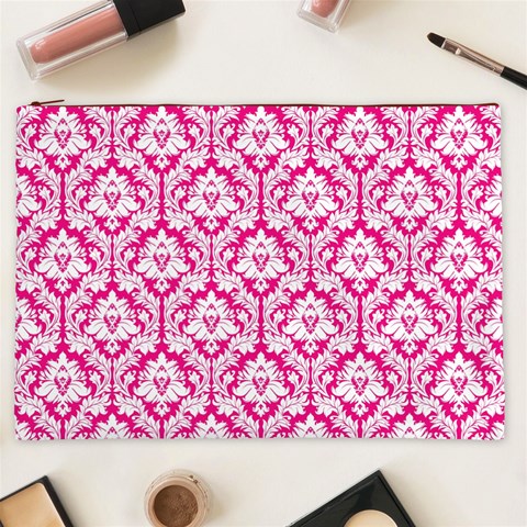 White On Hot Pink Damask Cosmetic Bag (XXL) from ArtsNow.com Front