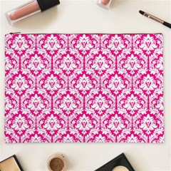 White On Hot Pink Damask Cosmetic Bag (XXL) from ArtsNow.com Front