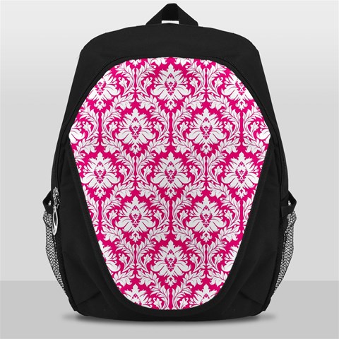 White On Hot Pink Damask Backpack Bag from ArtsNow.com Front