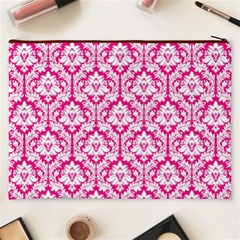 White On Hot Pink Damask Cosmetic Bag (XXXL) from ArtsNow.com Back